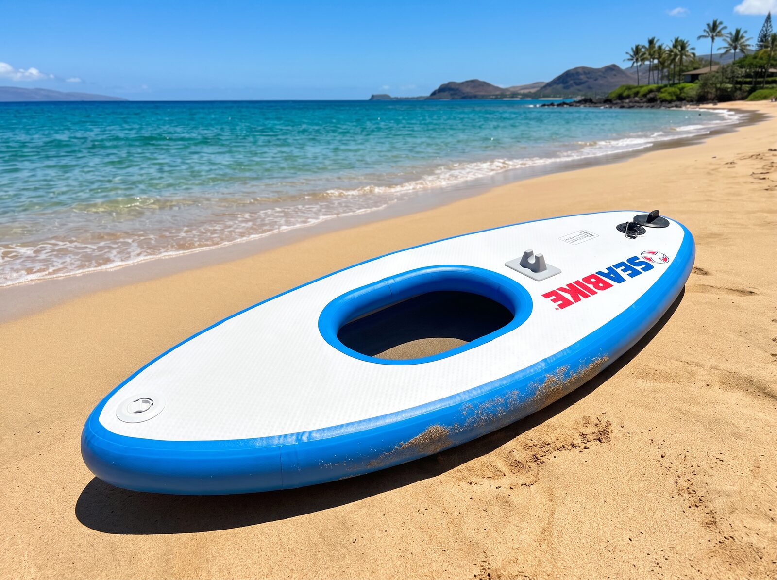 Close-up of a Maui Sea Board board on golden Maui beach sand, showing the open viewing window in the deck that riders look through to watch the reef and ocean floor