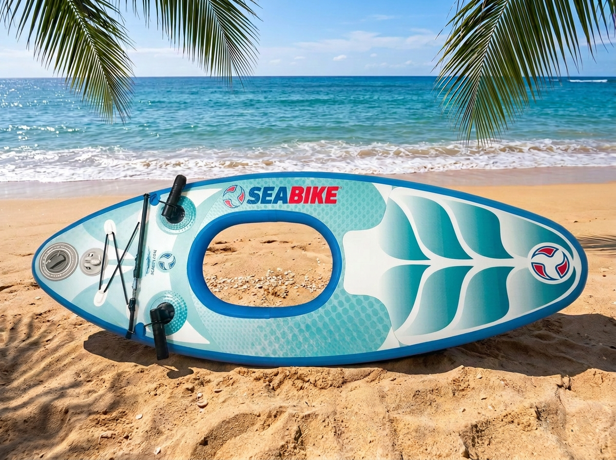 Brightened Maui Sea Board electric snorkeling board deck resting on golden Maui beach sand, photographed from above to show the upright SEABIKE lettering, clear viewing window, side grab handles, and electric thruster controls