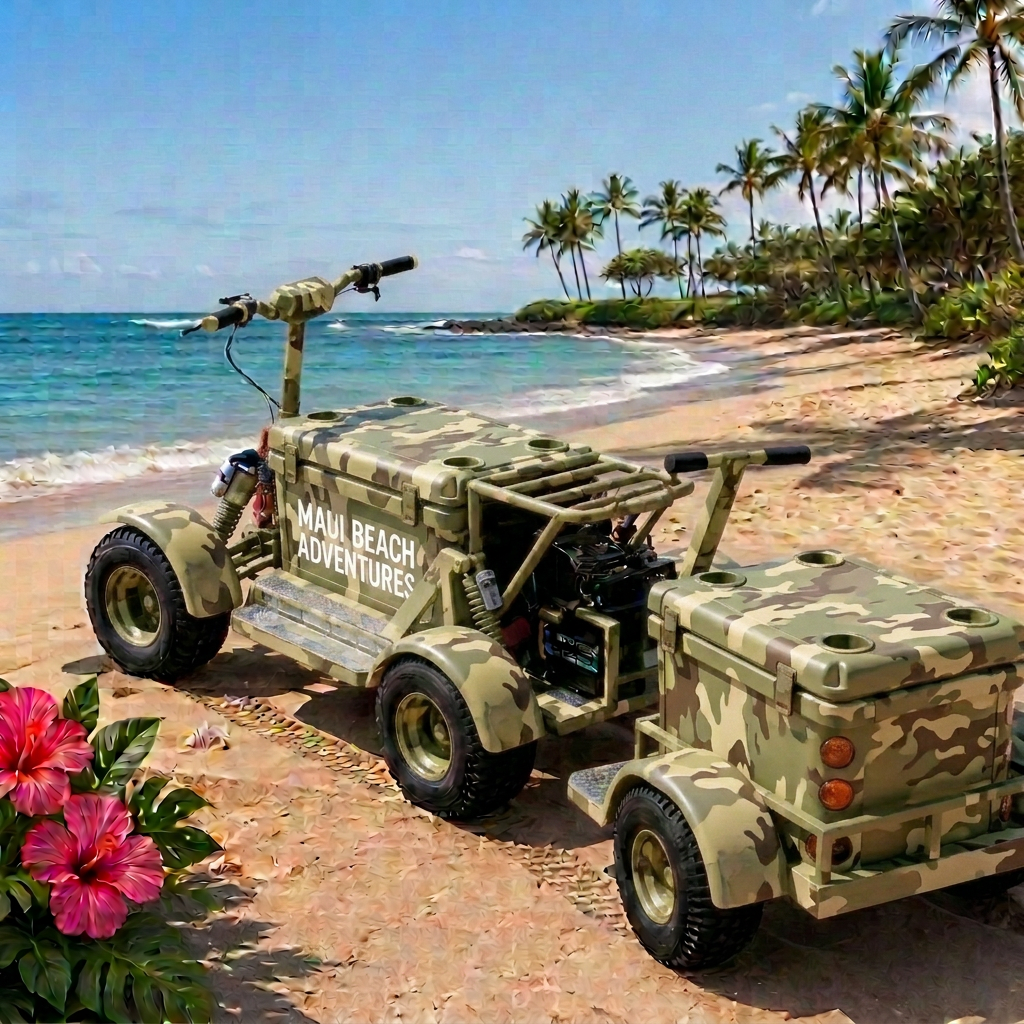 Camo Koolkartz electric cooler kart on the beach
