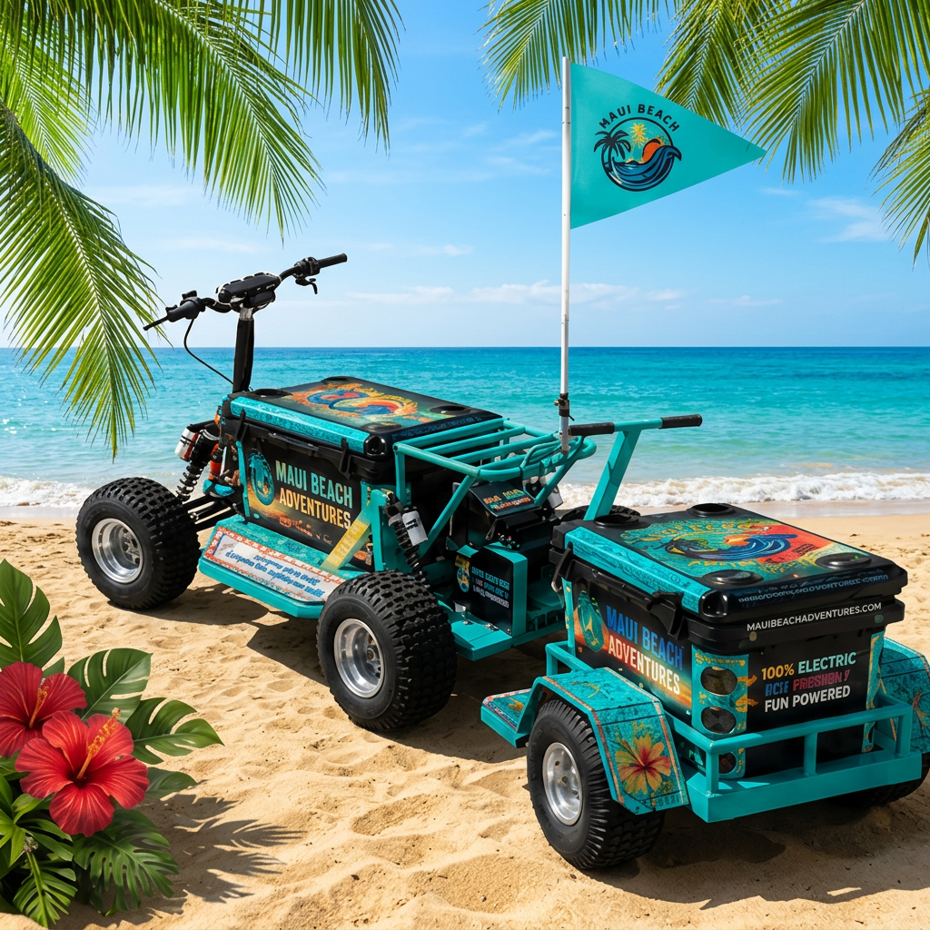 Hana Rainbow Koolkartz electric cooler kart on a Maui beach