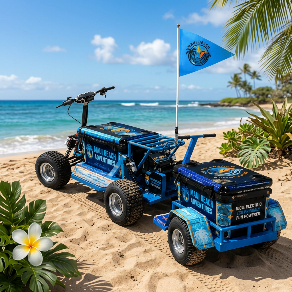 Kapalua Blue Koolkartz electric cooler kart on the beach