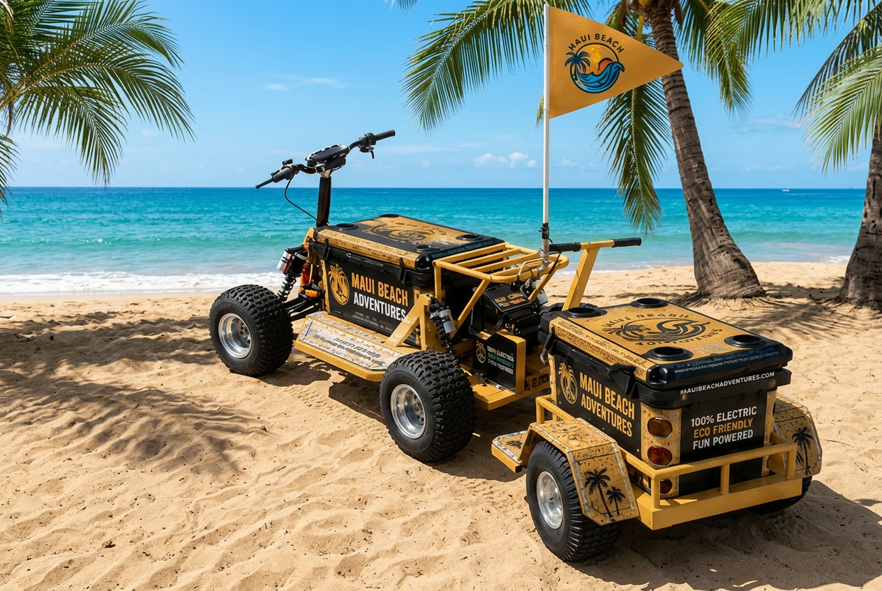 Lanai Gold Koolkartz electric cooler kart on the sand at golden hour