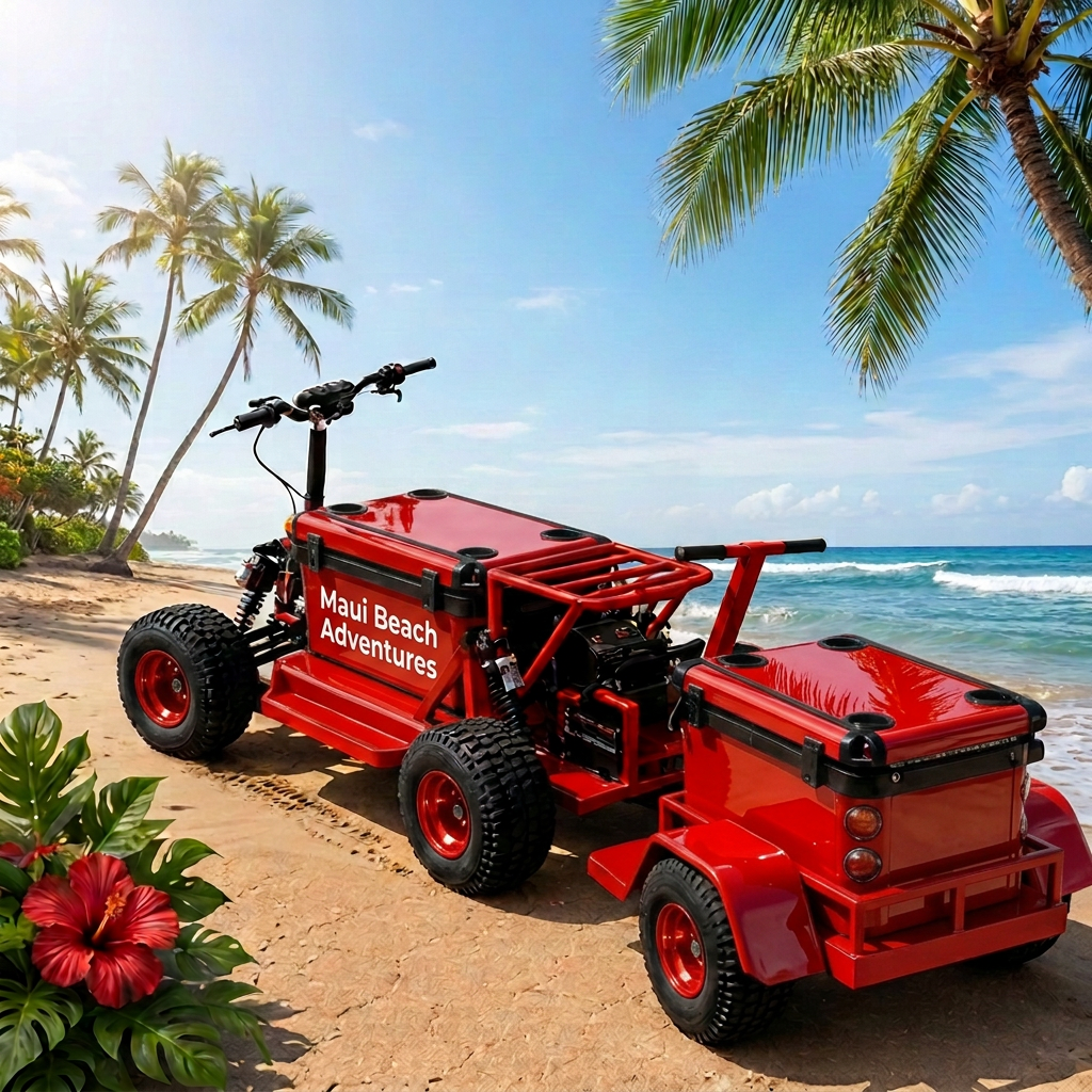 Lava Red Koolkartz electric cooler kart on the sand with turquoise surf behind