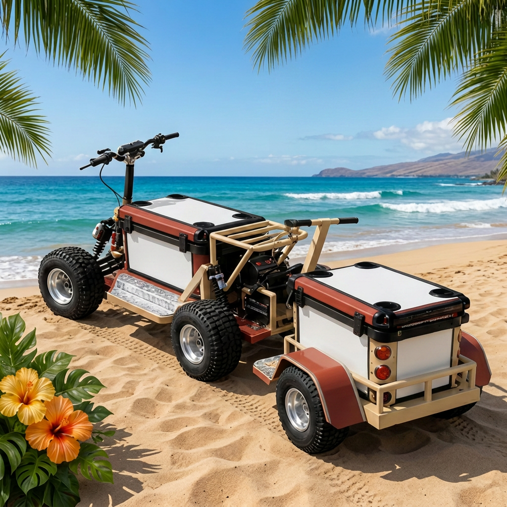 Maui Red Dirt Koolkartz electric cooler kart on the sand