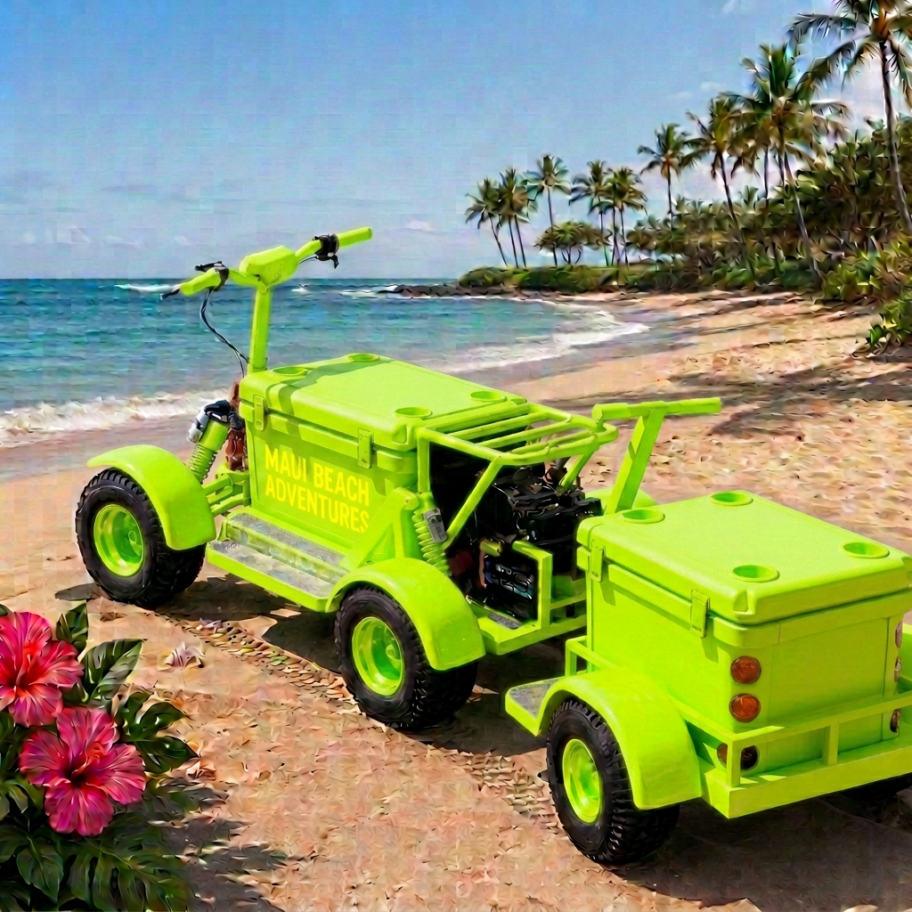 Neon Green Koolkartz electric cooler kart on the shoreline