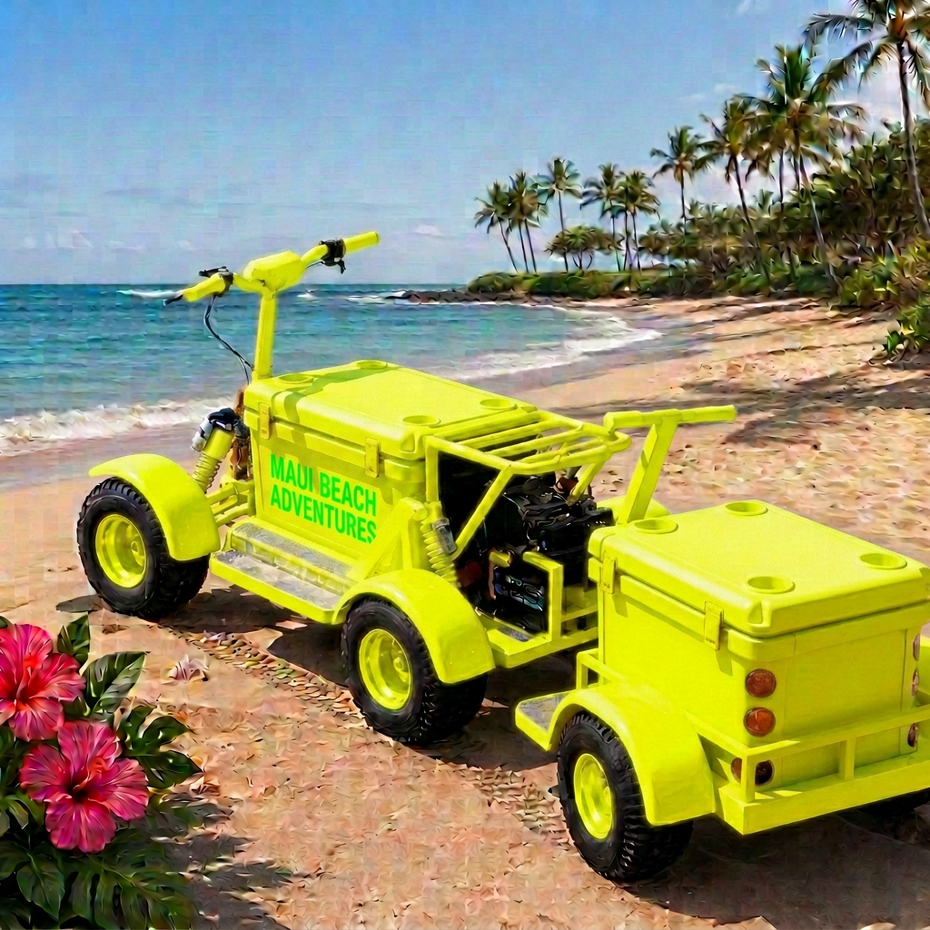 Neon Yellow Koolkartz electric cooler kart on a West Maui beach