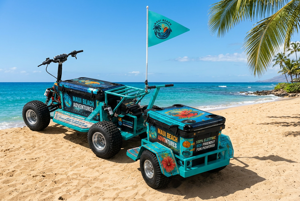 North Shore Turquoise Koolkartz electric cooler kart on the sand