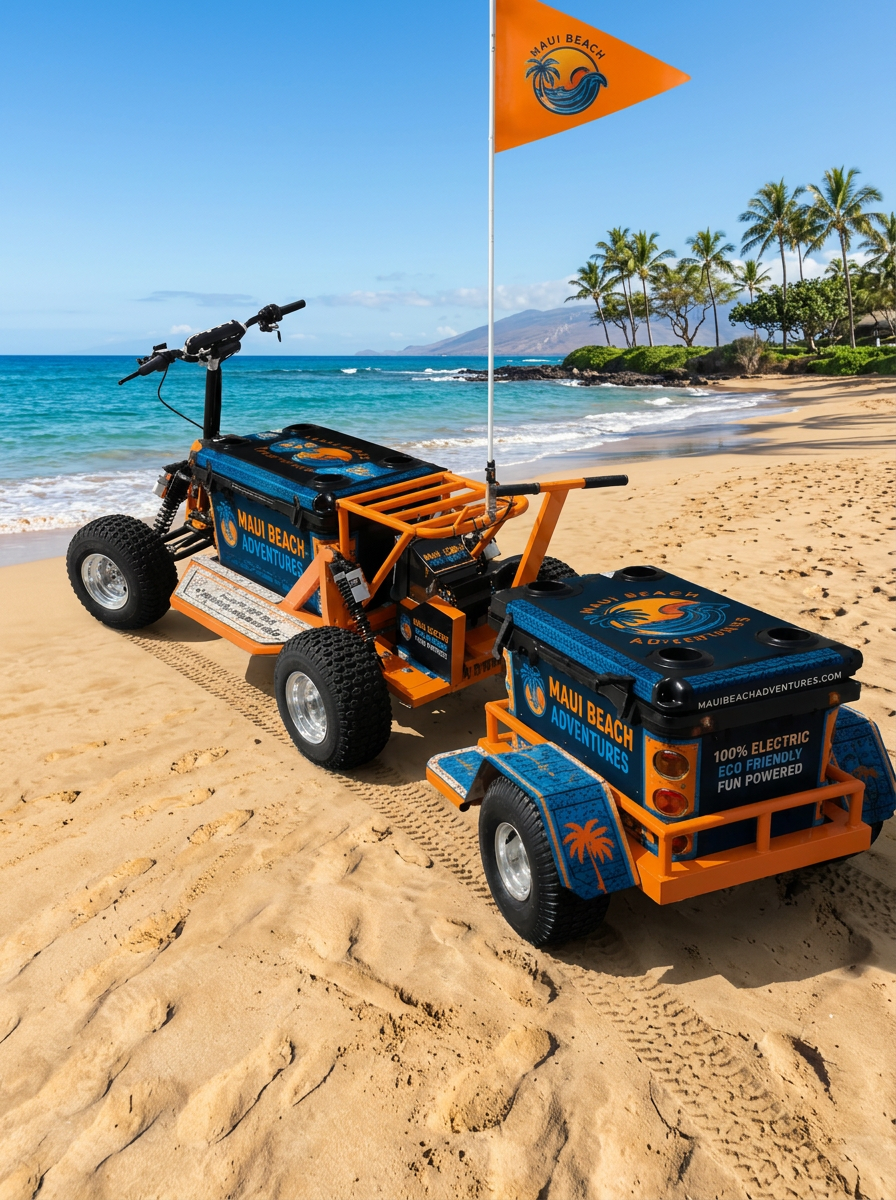Orange and blue Koolkartz electric cooler kart on the shoreline