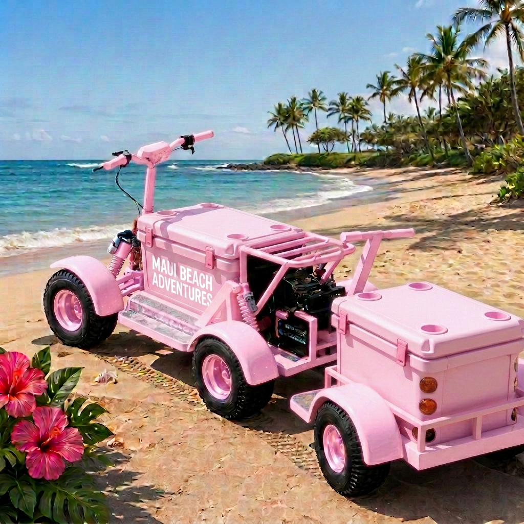 Pink Paradise Koolkartz electric cooler kart parked on a Maui beach