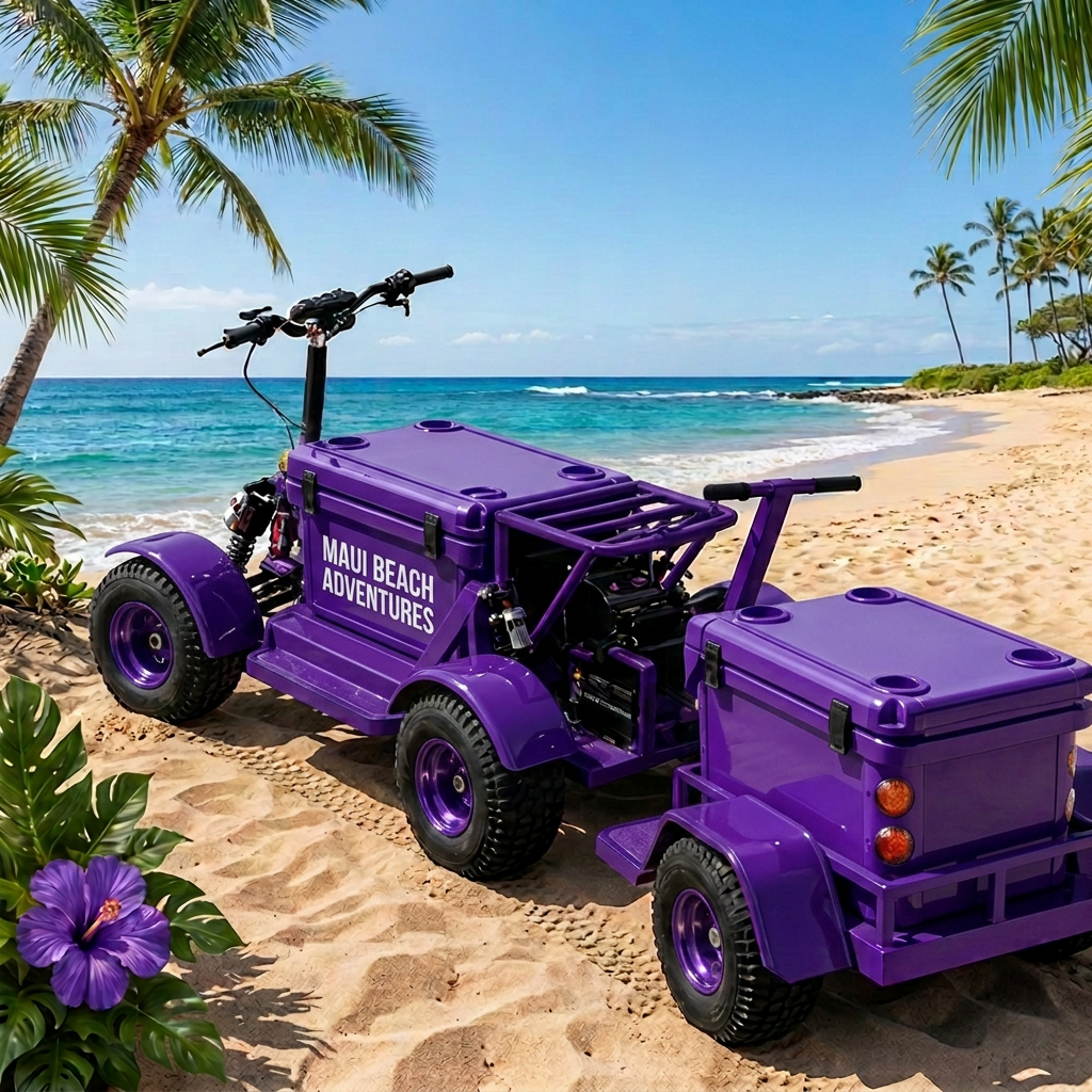 Royal Purple Koolkartz electric cooler kart on a Maui beach