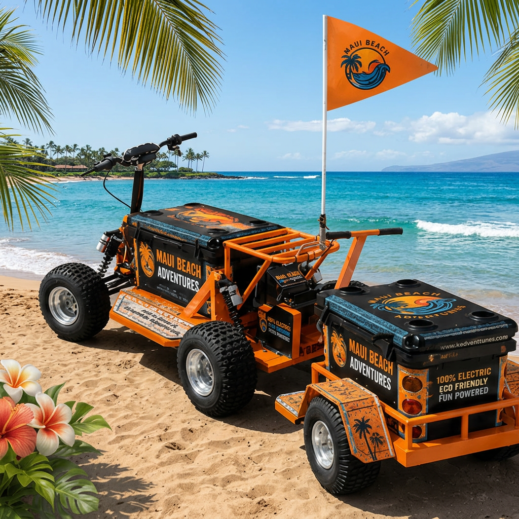 Wailea Sunset Koolkartz electric cooler kart on the beach at sunset