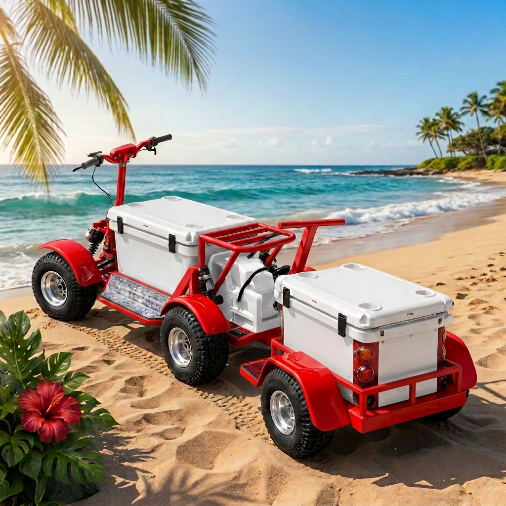 Whiteout Koolkartz electric cooler kart on a bright Maui beach