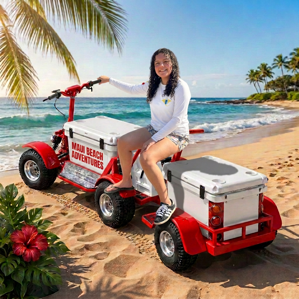 Whiteout Koolkartz cooler kart with rider on a Maui beach