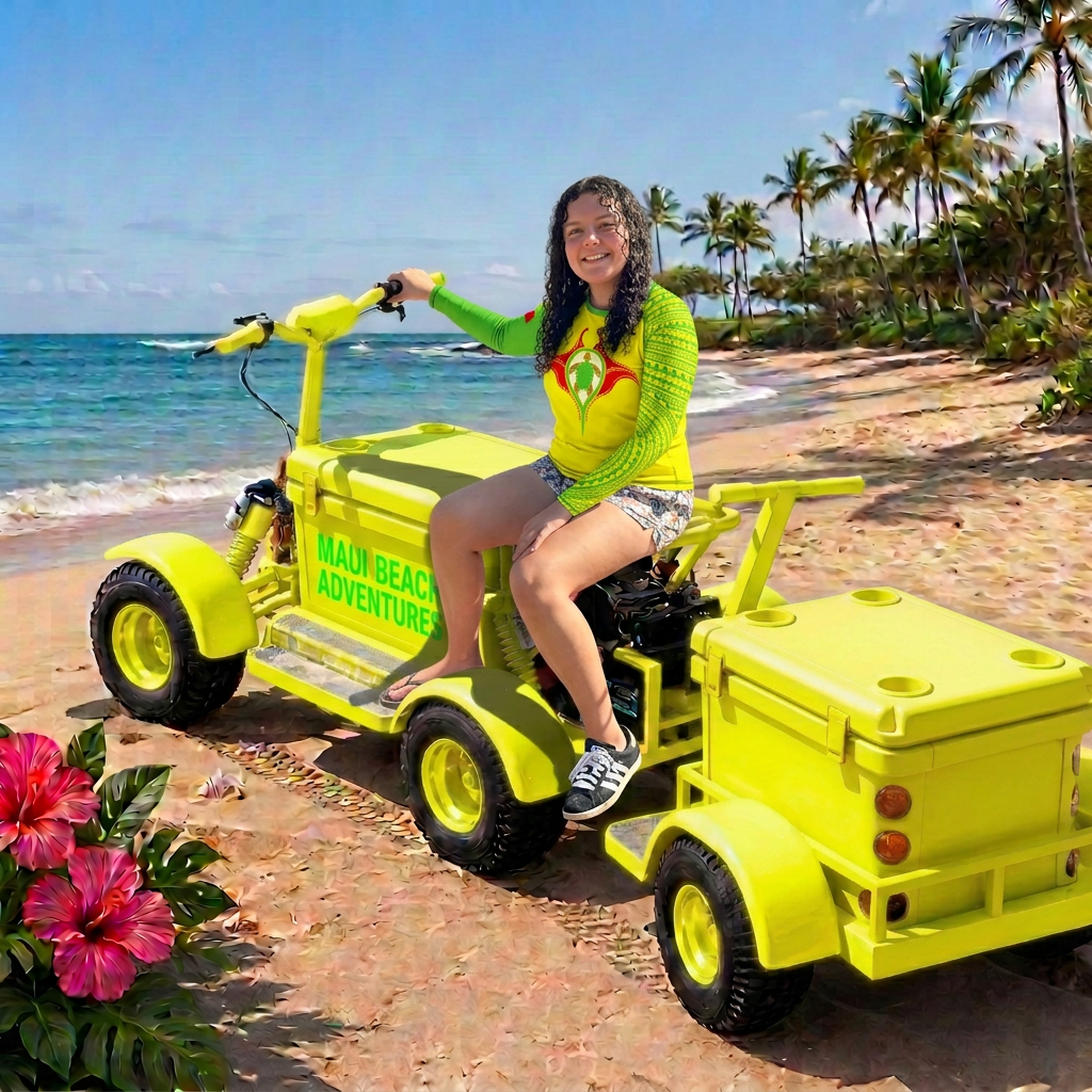 Neon yellow Koolkartz cooler kart with rider on the sand