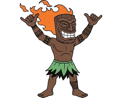 Maui Beach Adventures tiki mascot with both arms raised in a shaka cheer