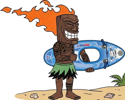 Maui Beach Adventures tiki mascot carrying the blue Maui Sea Board with its open porthole deck