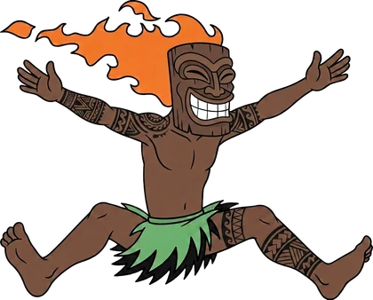 Maui Beach Adventures tiki mascot mid-jump with legs stretched wide