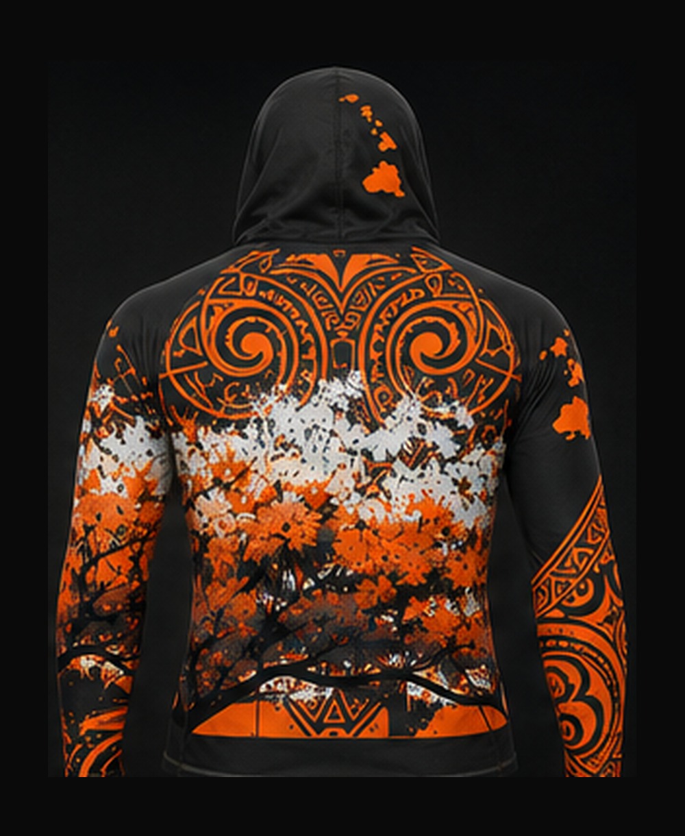 Black / Bright Orange rashguard — back view on ghost mannequin