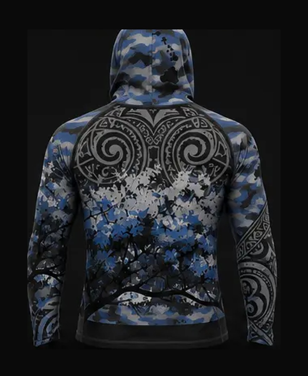 Black / Blue Camo rashguard — back view on ghost mannequin