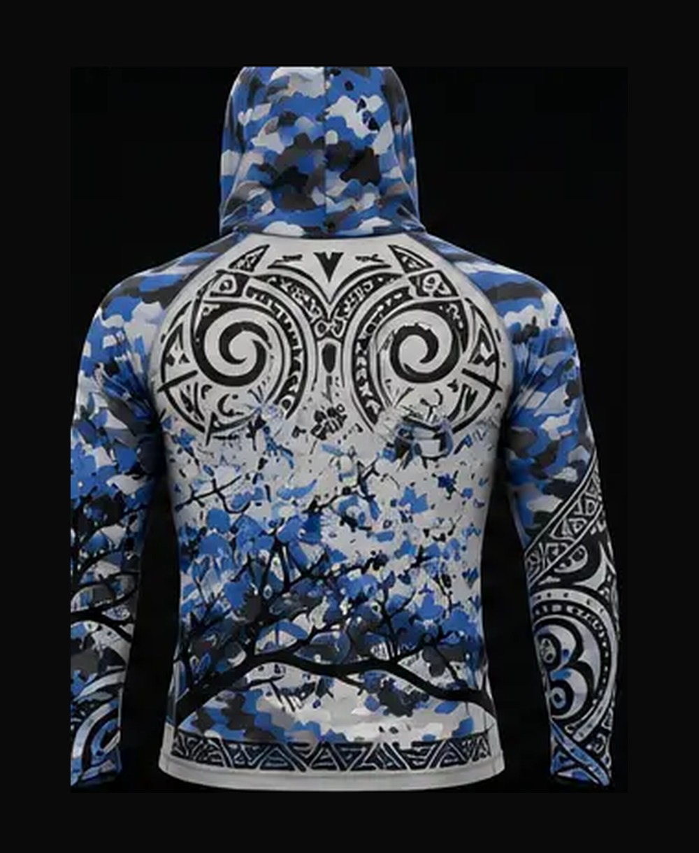 Light Gray / Blue Camo rashguard — back view on ghost mannequin