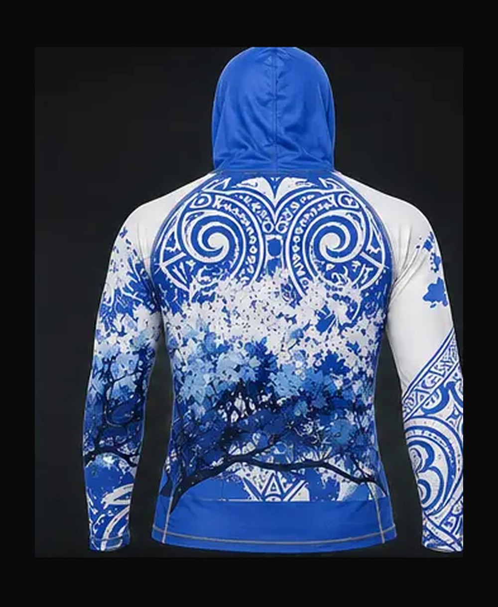 Ocean Blue / White rashguard — back view on ghost mannequin