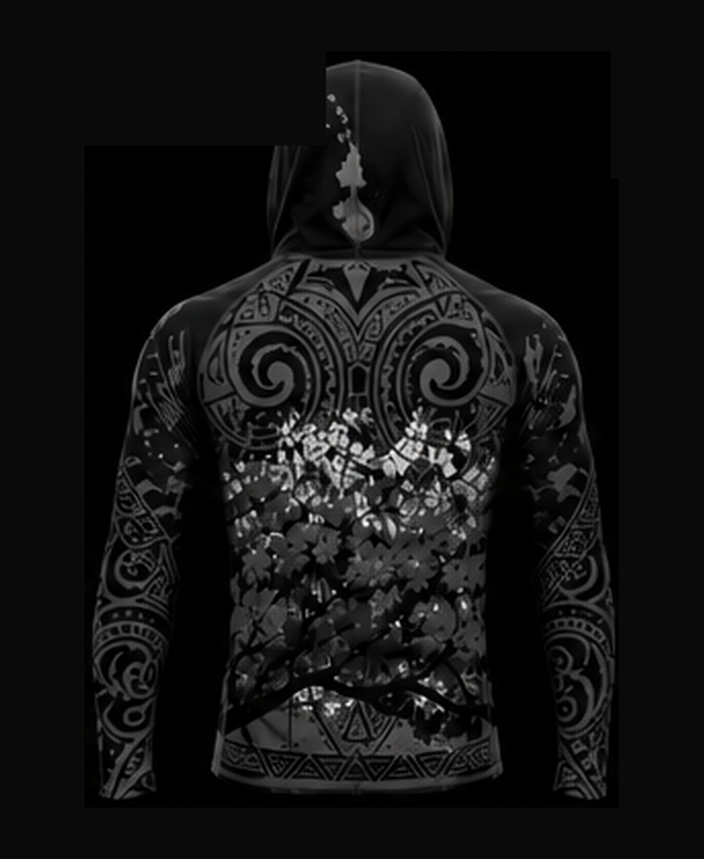 Deep Black / Light Black rashguard — back view on ghost mannequin