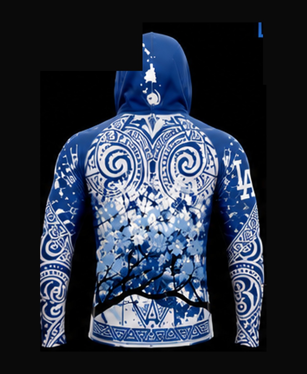 White / Dodger Blue rashguard — back view on ghost mannequin