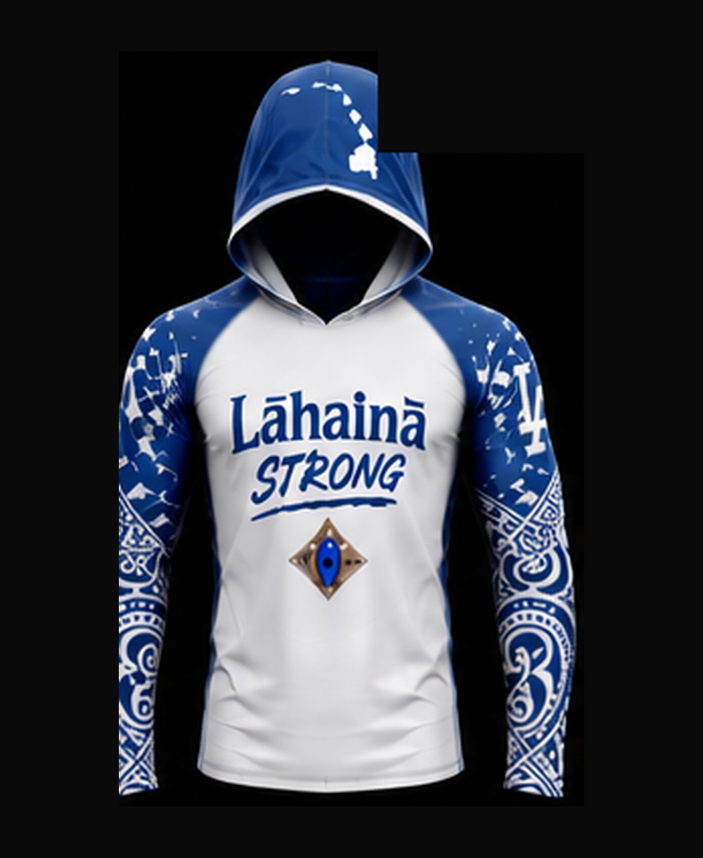 White / Dodger Blue rashguard — front view on ghost mannequin