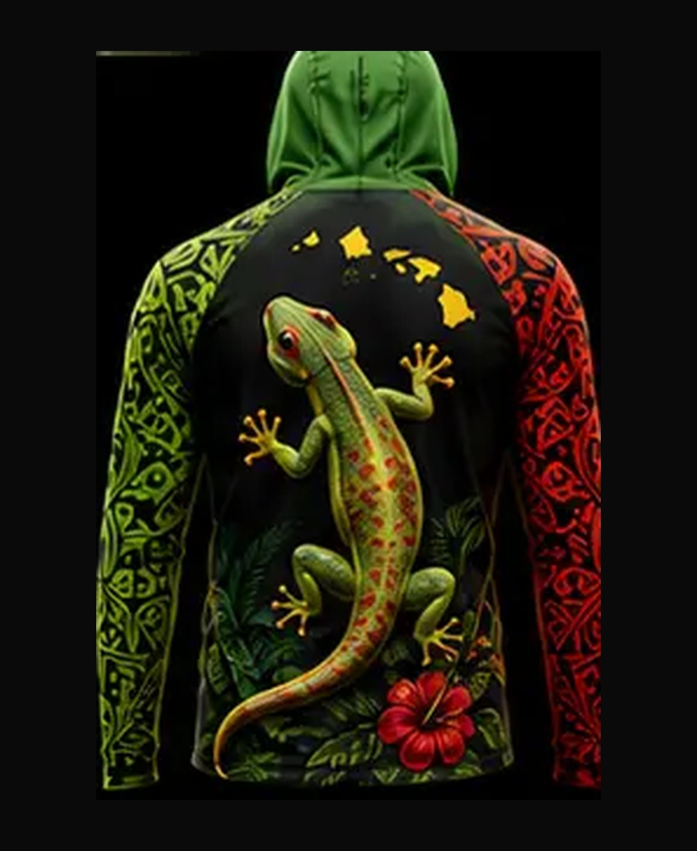Gecko Rasta — Black / Green-Gold-Red rashguard — back view on ghost mannequin