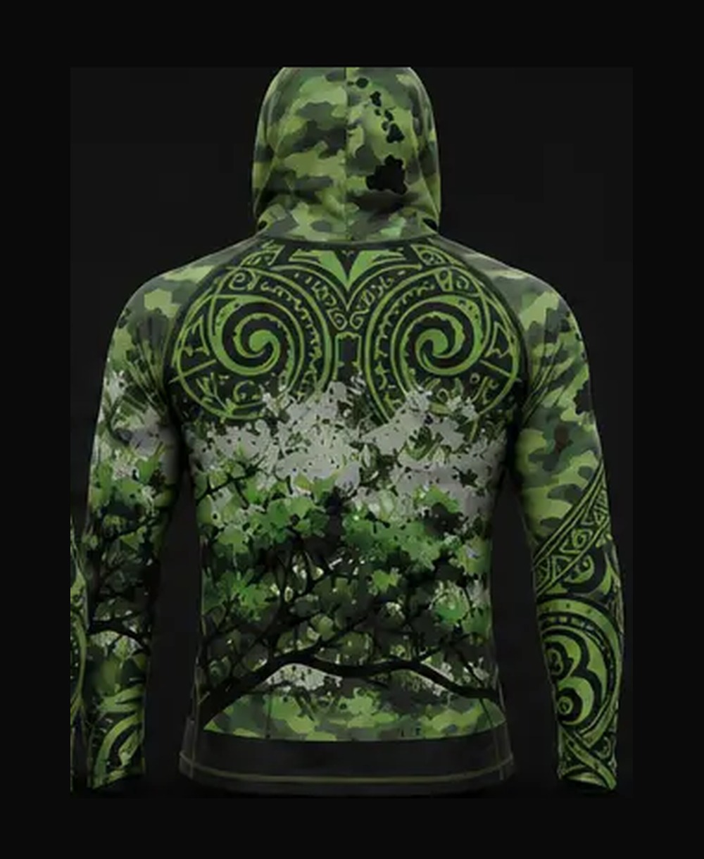 Black / Green Camo rashguard — back view on ghost mannequin