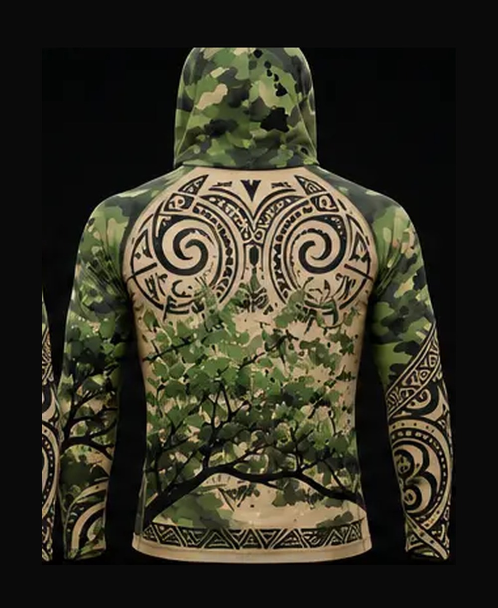 Tan / Green Camo rashguard — back view on ghost mannequin