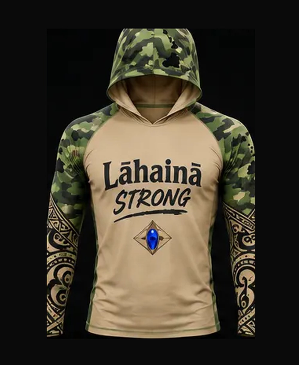 Tan / Green Camo rashguard — front view on ghost mannequin