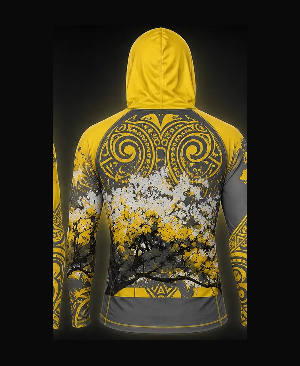 Storm Gray / Sun Yellow rashguard — back view on ghost mannequin