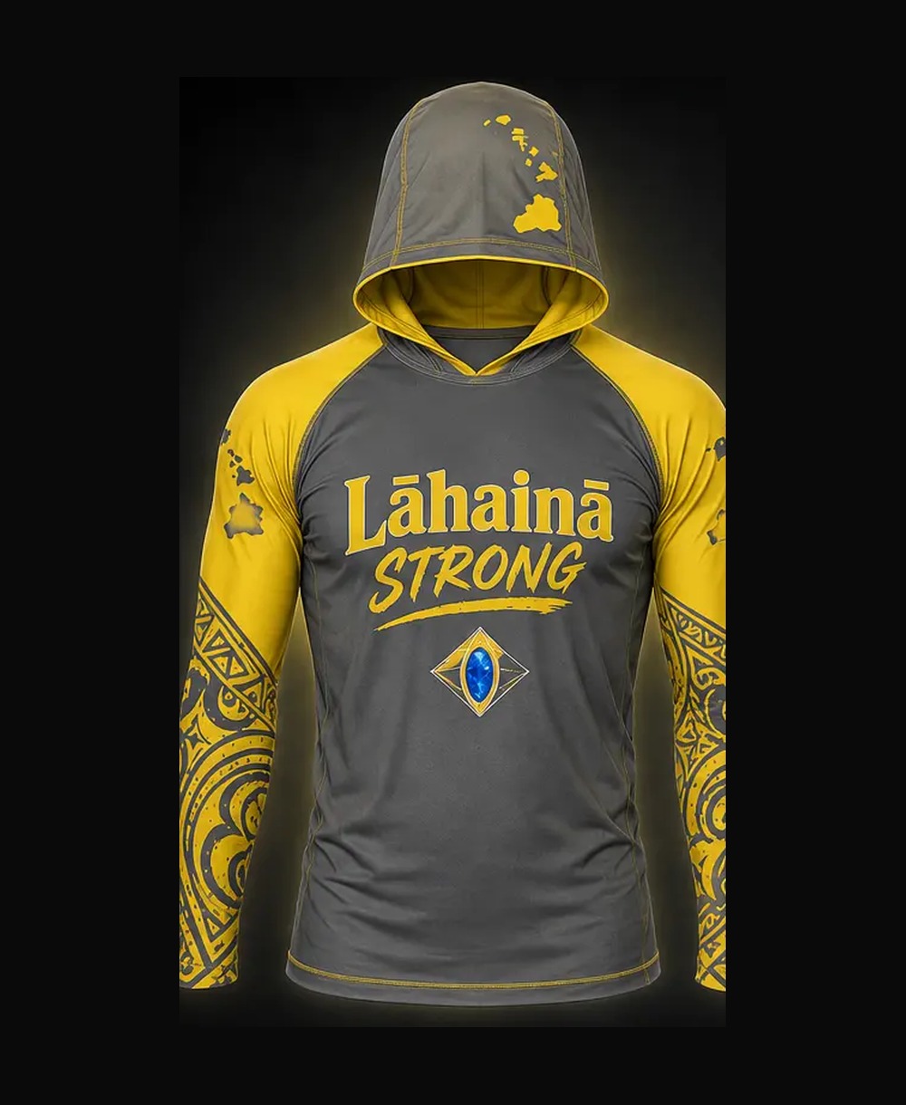 Storm Gray / Sun Yellow rashguard — front view on ghost mannequin