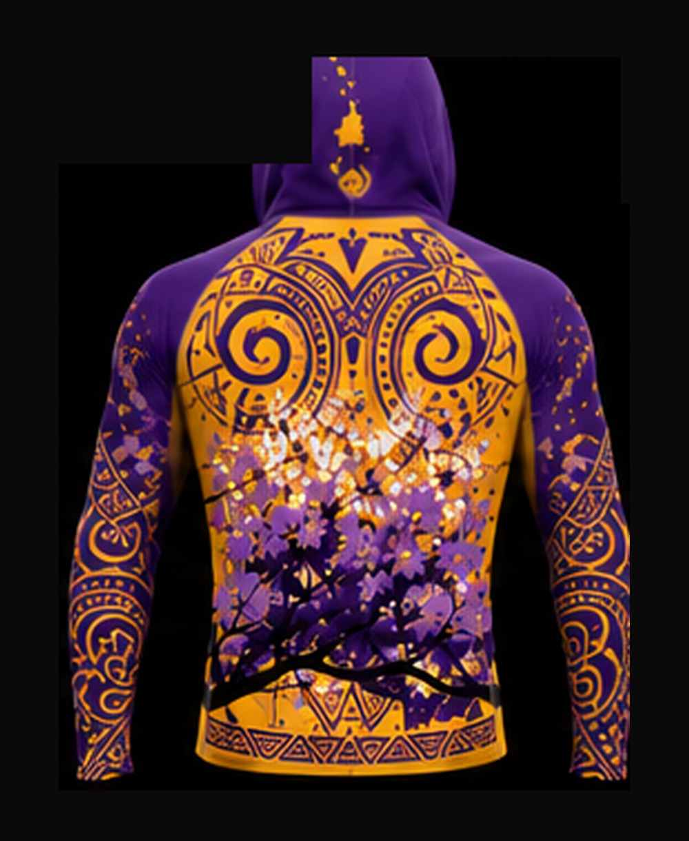 Gold / Royal Purple — Reverse Design rashguard — back view on ghost mannequin