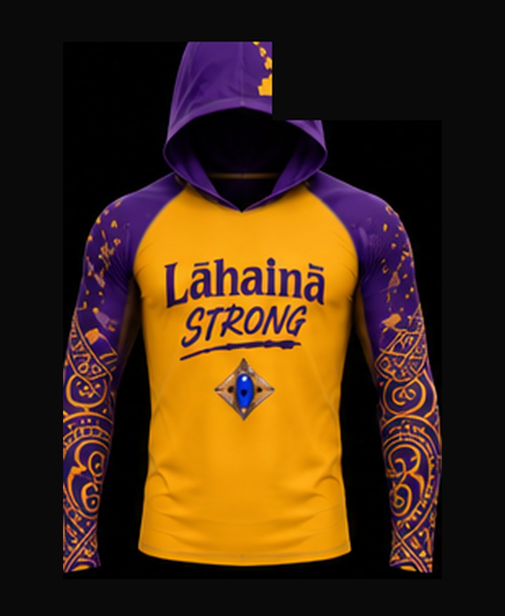 Gold / Royal Purple — Reverse Design rashguard — front view on ghost mannequin