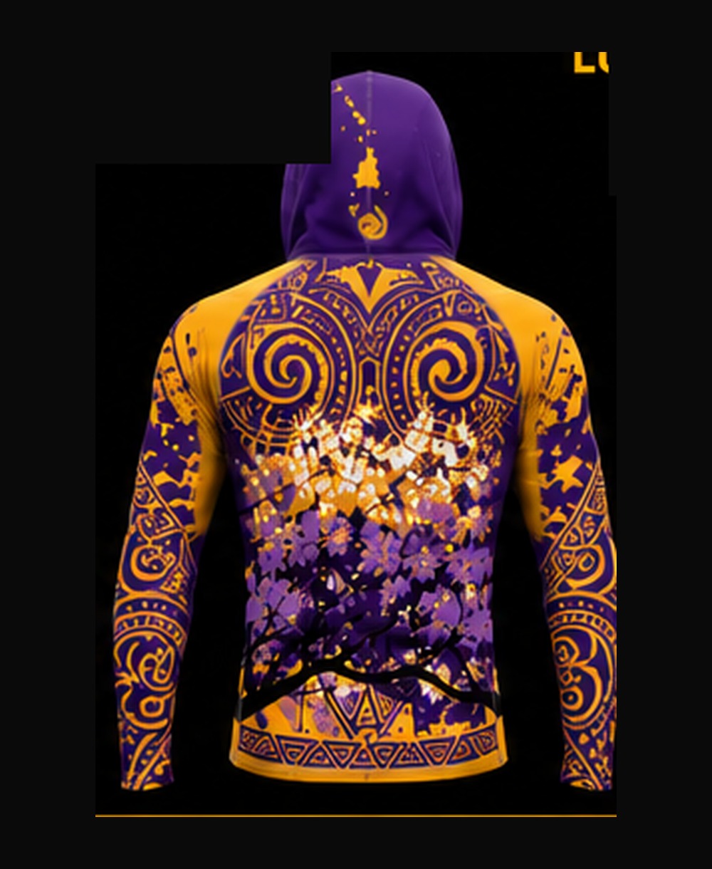 Royal Purple / Gold rashguard — back view on ghost mannequin