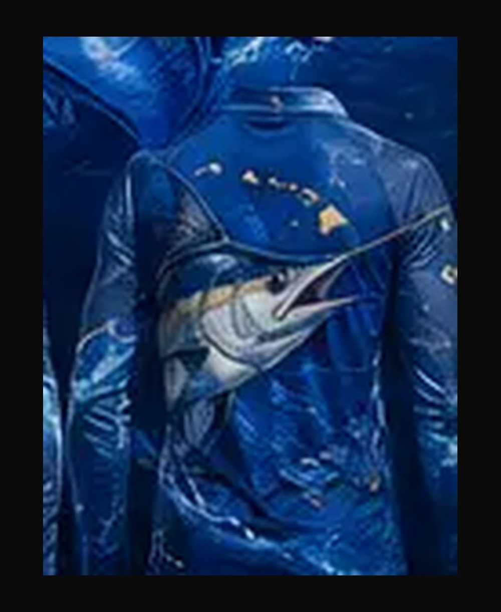 Maui Fishing — Blue Marlin rashguard — back view on ghost mannequin