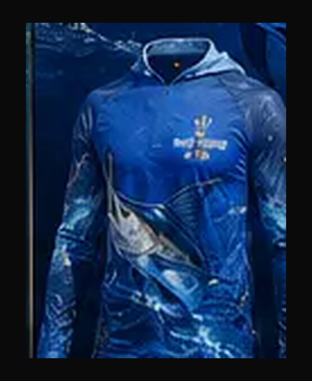 Maui Fishing — Blue Marlin rashguard — front view on ghost mannequin