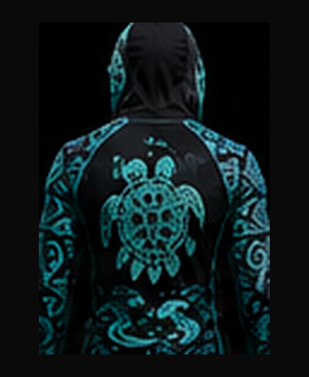 Maui Honu — Turquoise on Black (Men's) rashguard — back view on ghost mannequin