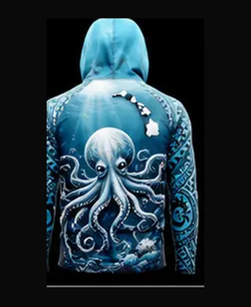 Octopus — Bright Aqua rashguard — back view on ghost mannequin