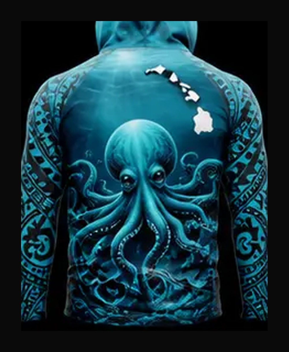Octopus — Deep Ocean Blue rashguard — back view on ghost mannequin