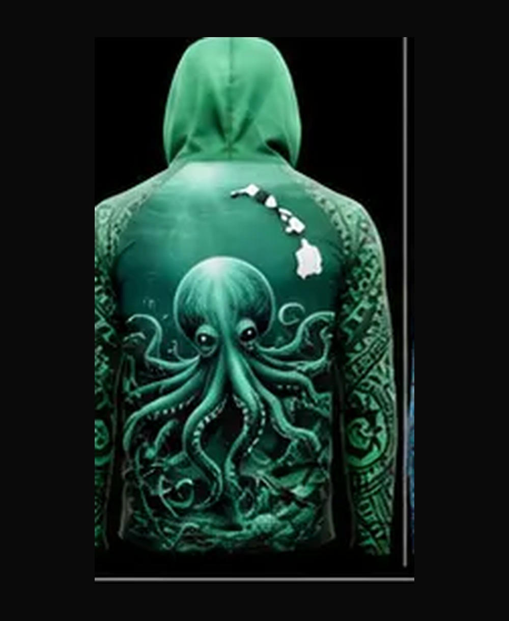 Octopus — Sea Glass Green rashguard — back view on ghost mannequin