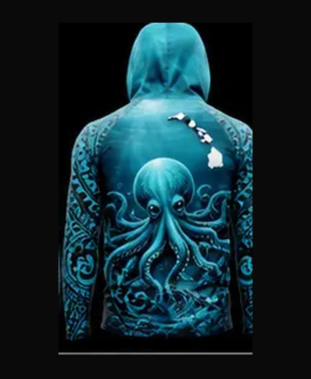 Octopus — Lagoon Teal rashguard — back view on ghost mannequin