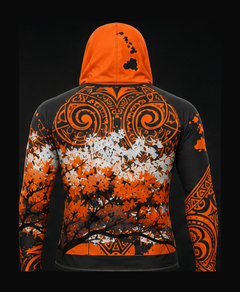 Bright Orange / Black rashguard — back view on ghost mannequin