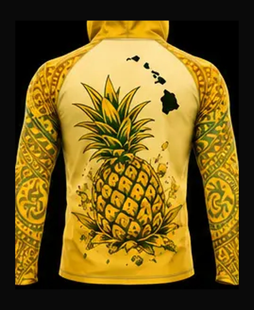 Pineapple — Sun Yellow / Gold rashguard — back view on ghost mannequin