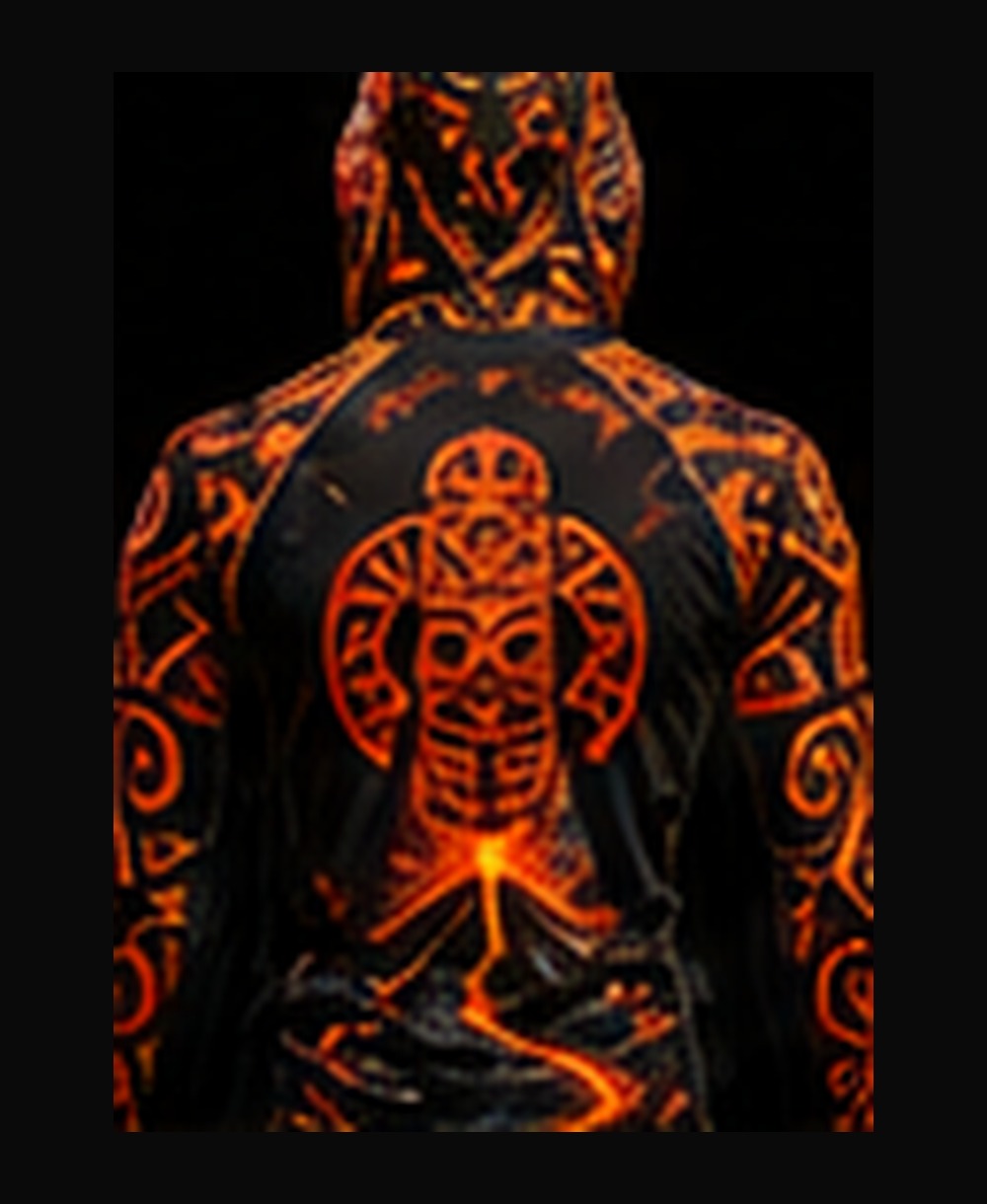 Volcano — Lava on Black (Men's) rashguard — back view on ghost mannequin