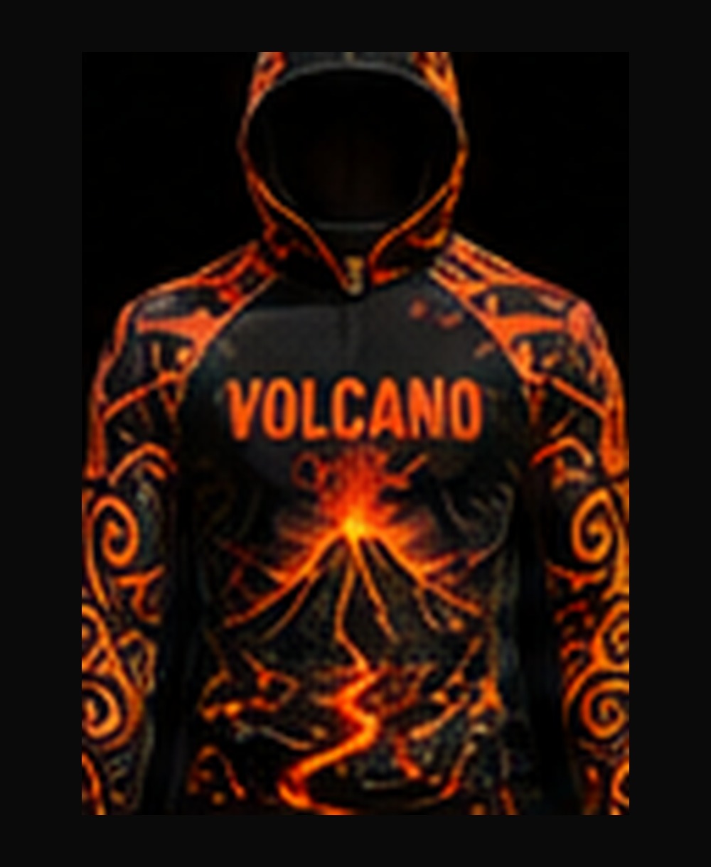 Volcano — Lava on Black (Men's) rashguard — front view on ghost mannequin