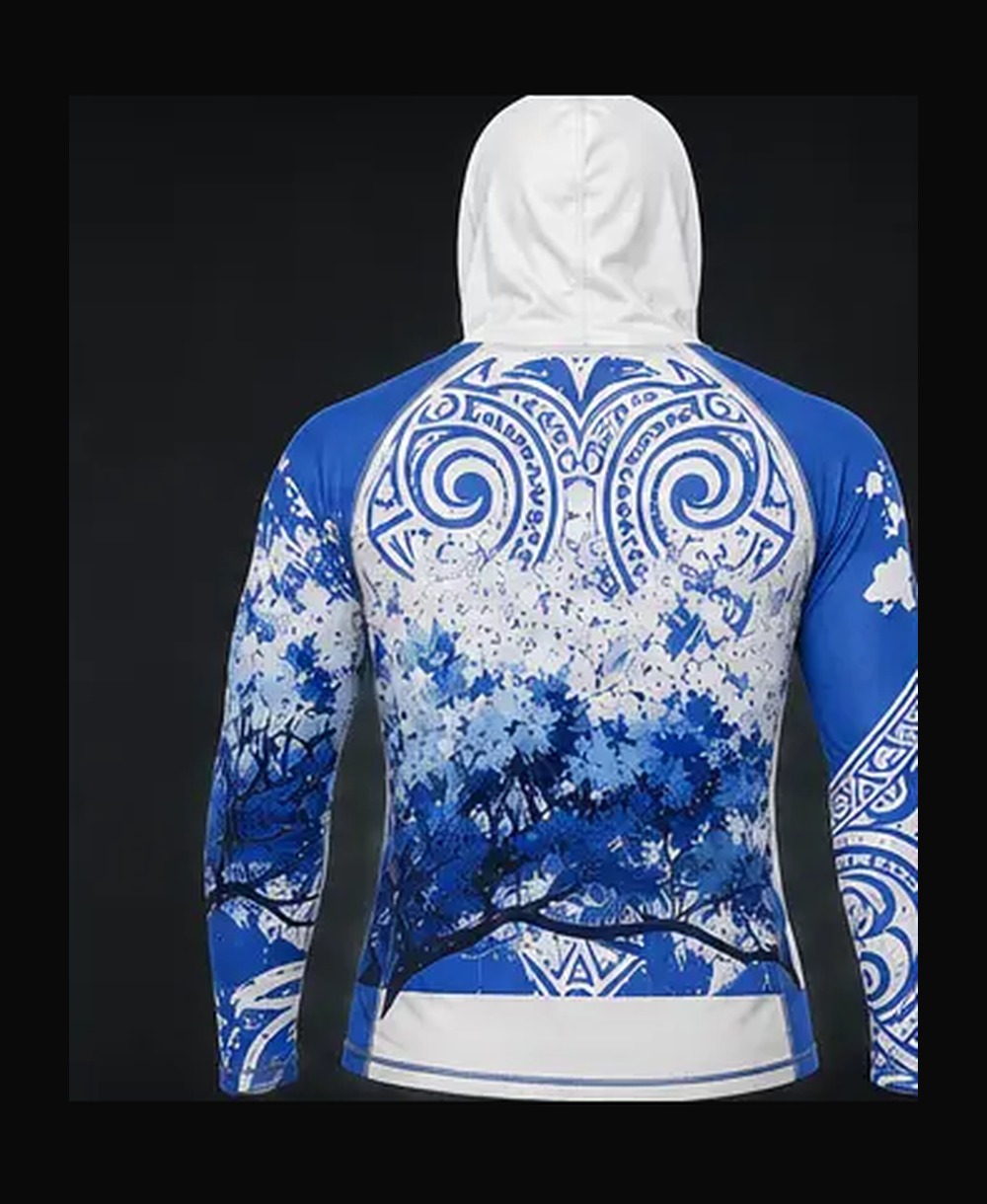 White / Ocean Blue rashguard — back view on ghost mannequin