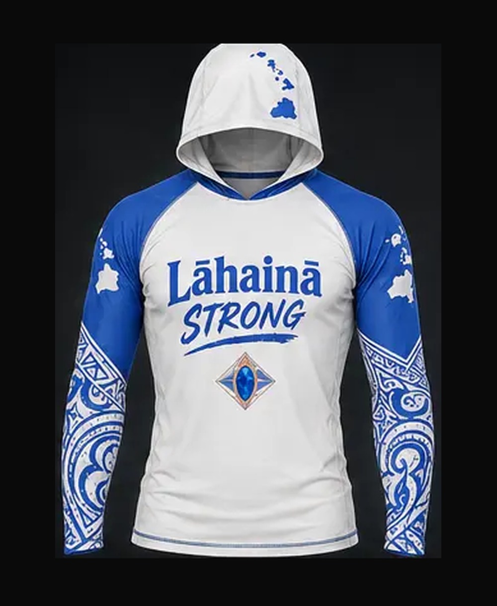 White / Ocean Blue rashguard — front view on ghost mannequin